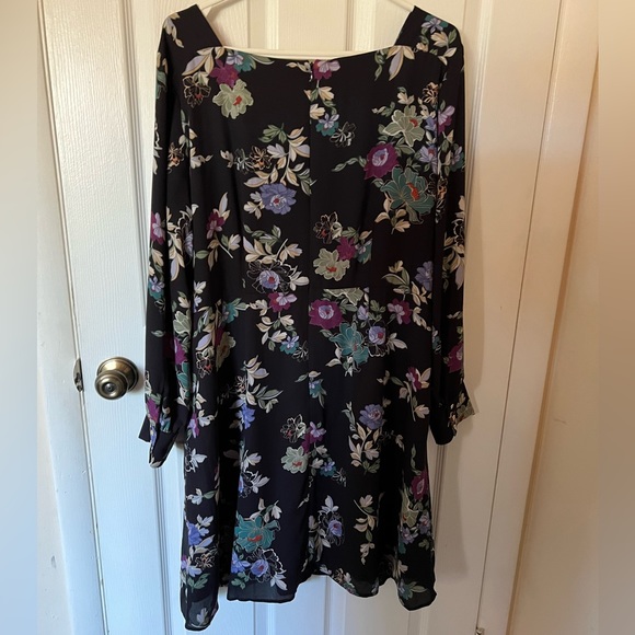 LOFT Long Sleeve Square Neck Black Midi Dress with Purple & Green Floral Print - Picture 6 of 6